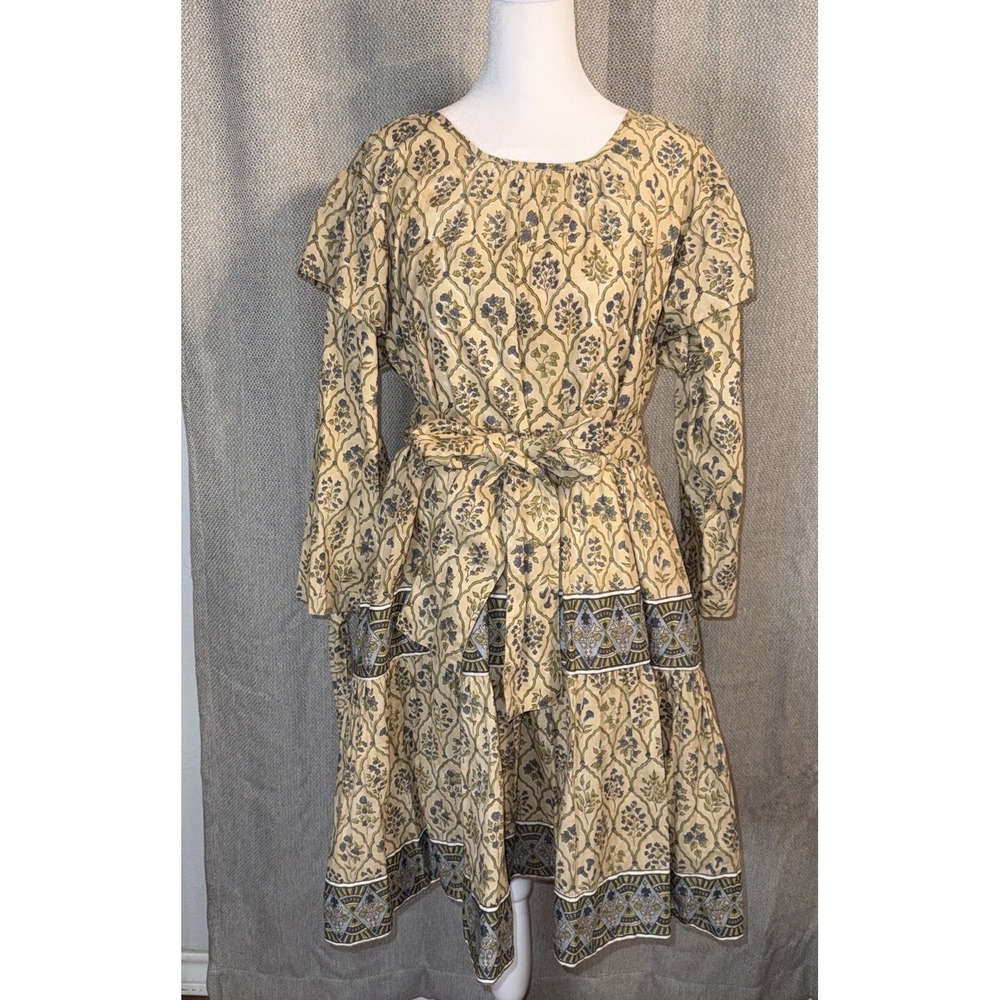 Victoria Dunn Dress Women Size XL Blue Floral Block Print  Tie Waist Cotton NWT